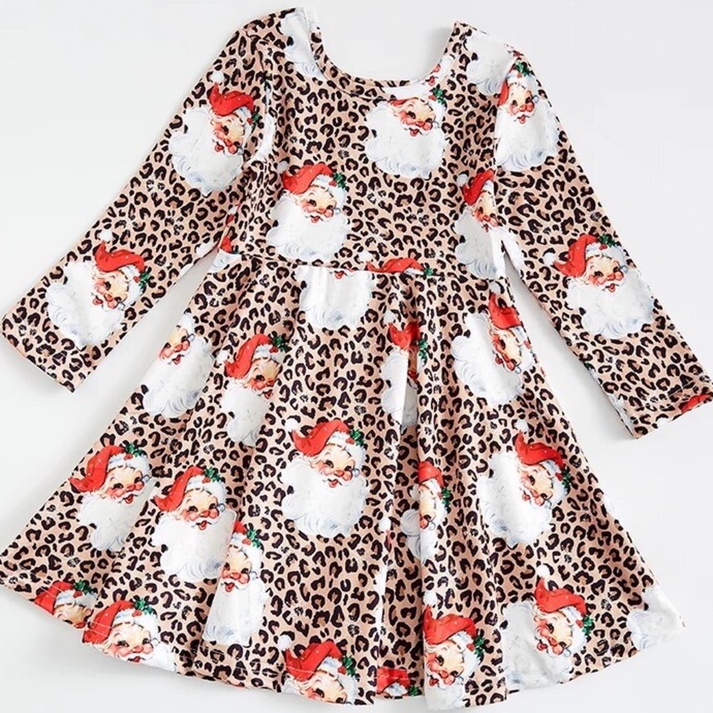 Santa Leopard Long Sleeve Christmas Dress, Toddler Girl- 2T, 3T, 4T